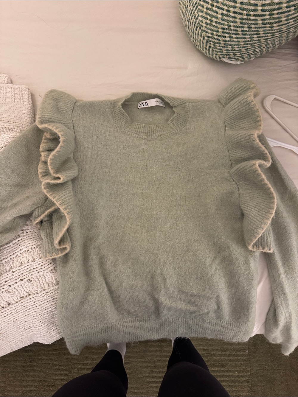 Zara Sage Green Ruffle-Shoulder Sweater